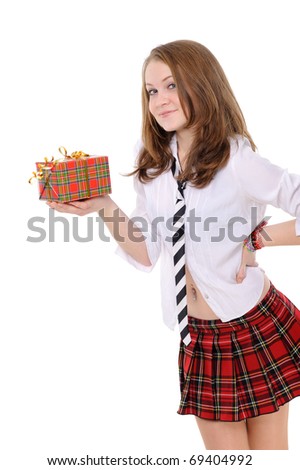 Pretty girl holding presents. On a white background