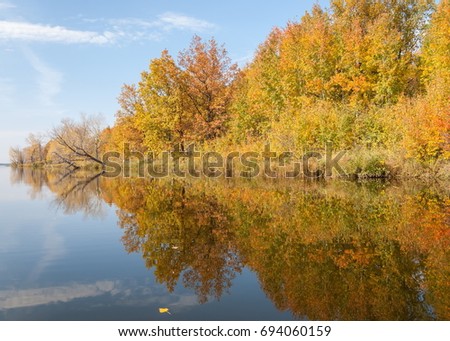 Autumn calm on the lake reflection of trees in water. Beautiful forest reflecting on calm lake shore. Beautiful calm lake in the fall reflecting trees