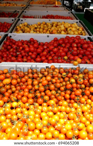 Trays of Organic Heirloom Cherry Tomatoes at a farmers market in West Hollywood, California. 