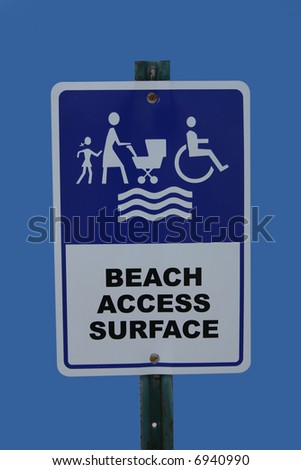 Beach access sign with pram and wheelchair symbols