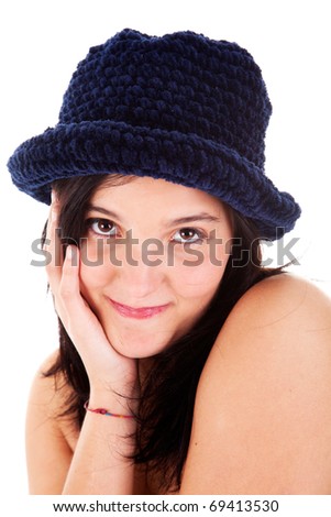 Beautiful young woman smiling with hat, isolated on white, studio shot