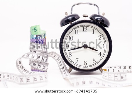 Measuring Tape tightening Malaysia Ringgit Banknotes with clock. Time & Cost Saving concept. White Background. Shallow depth of field