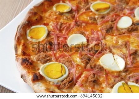  Ham and tuna  pizza with boiled eggs
