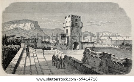 Antique illustration of Palermo bay from Villa Butera, Bagheria, Italy. Original, from a drawing of Anastasi, after sketch of  Quesnoy, was published on L'Illustration, Journal Universel, Paris, 1860
