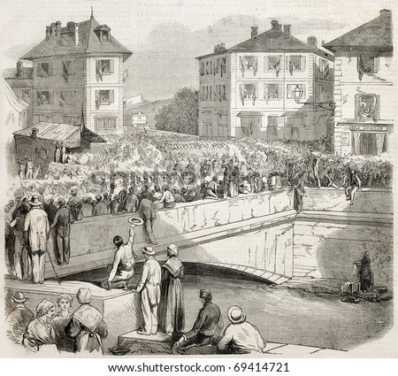 Antique illustration shows French troops entering in Chambery, capital of Savoy. Original, from drawing of  Worms after sketch of Ferat, published on ?L'Illustration, Journal Universel?, Paris, 1860