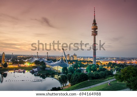 Sunset in Munich Olympiapark - Munhen Sonnenuntergang Panorama Royalty-Free Stock Photo #694164988