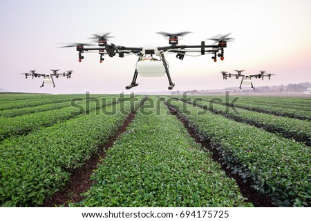 Agriculture drone flying on the green tea field at sunrise Royalty-Free Stock Photo #694175725