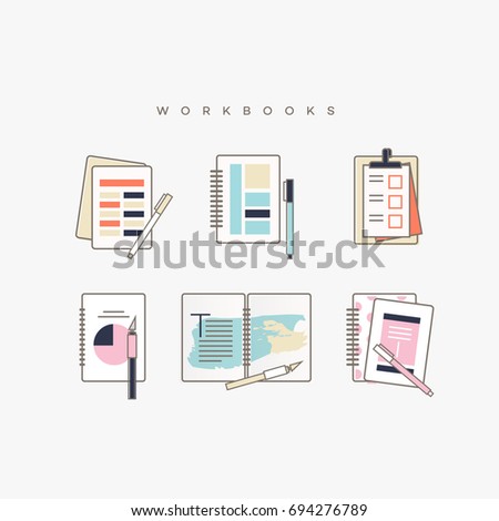Feminine colorful line art icon set made of work books and notebooks