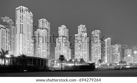 Black and white picture of Dubai at night, United Arab Emirates.