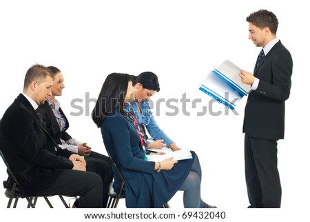 Four busienss people at conference being bored by a colleague man speech  isolated on white background