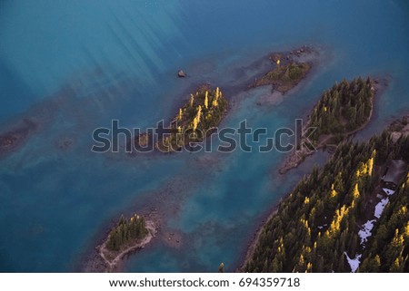 Aerial view from above of Battleship Islands in Garibaldi Lake. Picture taken from an airplane between Whistler and Squamish, North of Vancouver, British Columbia, Canada.