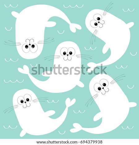 White sea lion. Harp seal pup. Cute cartoon character. Happy animal collection. Sea ocean water wave. Mother and baby family. Blue background. Flat design Vector illustration