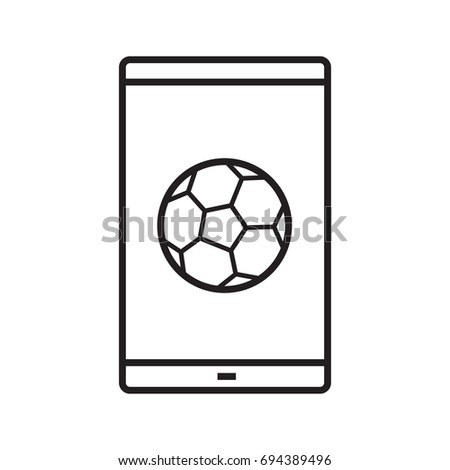 Smartphone soccer game linear icon. Sport bets app. Thin line illustration. Smart phone with football ball contour symbol. Raster isolated outline drawing