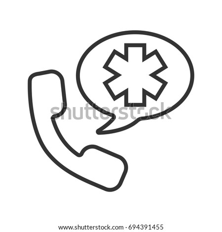 Emergency phone call to hospital. Linear icon. Thin line illustration. Handset with star of life inside speech bubble. Contour symbol. Raster isolated outline drawing