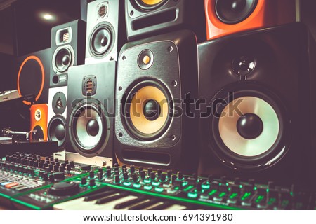Audio equipment for sound recording. Professional hi fi studio monitors in close up Royalty-Free Stock Photo #694391980
