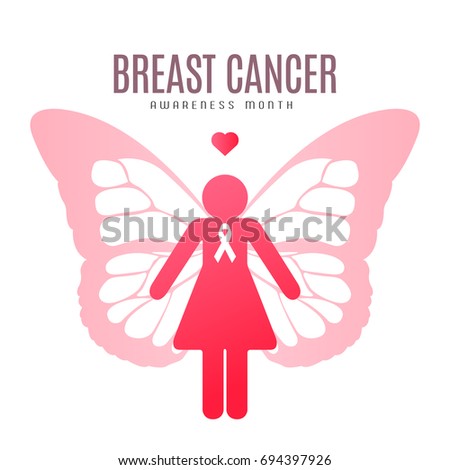 Pink women icon with butterfly wings, Breast cancer campaign, Vector illustration