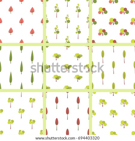 Set of seamless pattern with different kind of fantastic stylized tree isolated on white background