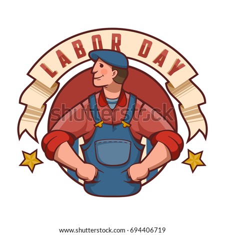 happy labor day illustration with young mechanic man mascot logo and vintage badge