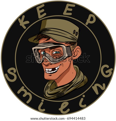 Smilling young toothless soldier guy for millitary chevron, badge for airsoft or strikeball.