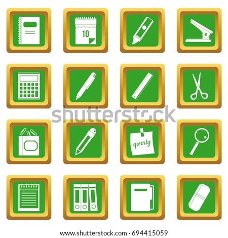 Stationery symbols icons set in green color isolated vector illustration for web and any design