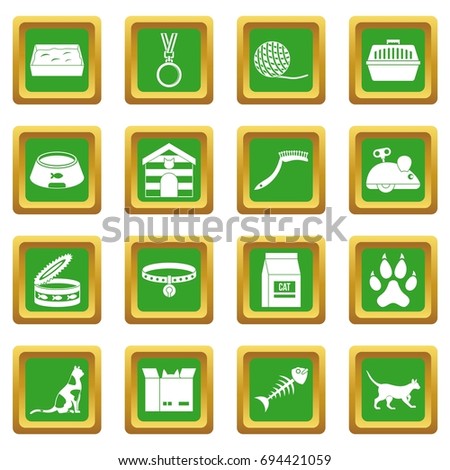 Cat care tools icons set in green color isolated vector illustration for web and any design