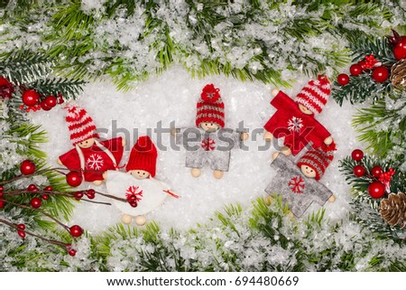 Christmas greeting card. Noel festive background. New year symbol. Children playing theme.