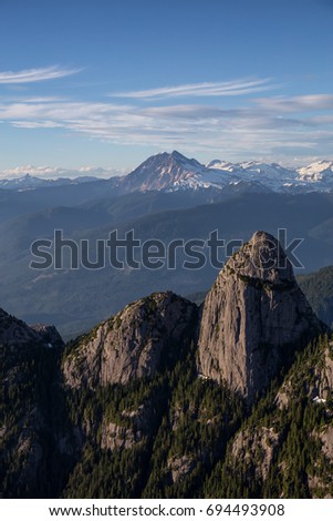 Mount Habrich with Garibaldi Mountain in the background. Aerial picture taken near Squamish, North of Vancouver, British Columbia, Canada.