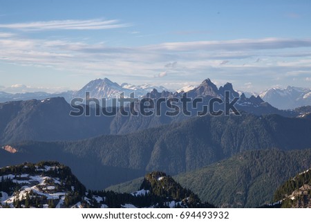 Sky Pilot Mountain with Mount Garibaldi in the background. Aerial picture taken near Squamish, North of Vancouver, British Columbia, Canada.