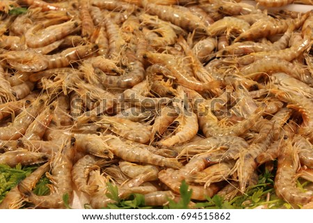 Fresh and raw "Tiger Shrimps" on the fish market counter.