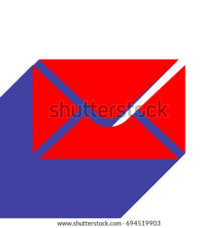 Envelope Mail Icon. Vector. Red flat style icon with dark blue long shadow on white background.