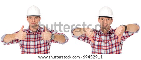 Workman with thumbs up and thumbs down