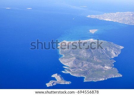 Airplane view of Agistri island, Greece.