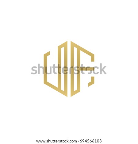 Initial letter UF, minimalist line art hexagon shape logo, gold color
