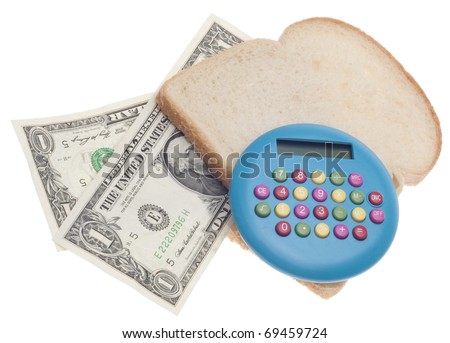 Food Budget Concept with American Currency, Bread and Calculator Isolated on White with a Clipping Path.