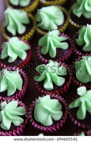 Yummy chocolate cupcakes in paper cups with green mint icing on wire rack