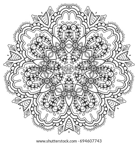 Mandala isolated design element, geometric line pattern. Stylized floral round ornament. Zen doodle style art, monochrome sketch for coloring book page. Tribal ethnic arabic, indian motif