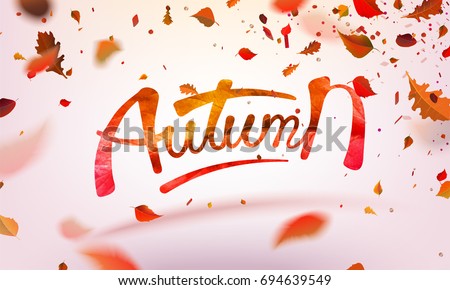Stock vector illustration Autumn falling leaves. Autumnal foliage fall and poplar leaf flying in wind motion blur. Autumn design. Templates for placards, banners, flyers, presentations, reports. Royalty-Free Stock Photo #694639549