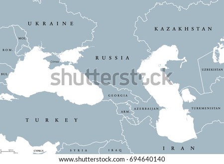 Black Sea and Caspian Sea region political map with countries, borders and English labeling. Bodies of water between Eastern Europe and Western Asia. Gray illustration. Vector. Royalty-Free Stock Photo #694640140