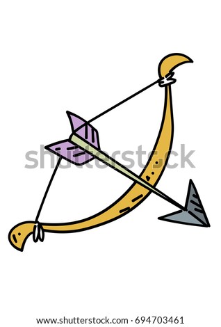 Bow and arrow cartoon hand drawn image. Original colorful artwork, comic childish style drawing.