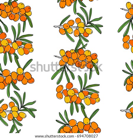 Vector seamless pattern with hand drawn sea buckthorn twig. Beautiful food design elements, ink drawing