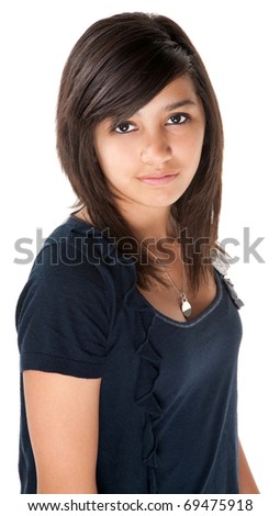 Cute hispanic teenage girl looking casual on white background