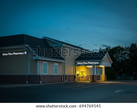 US Small Town Drive Thru Pharmacy at dawn