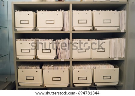 Registry or archive of medical folders in the dental clinic room