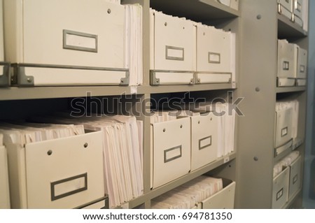 Registry or archive of medical folders in the dental clinic room