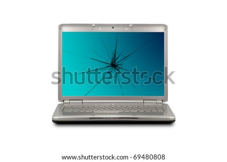 Computer with damaged  screen. Isolated on white background