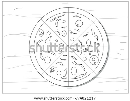 Art line and hand-drawn pizza with wooden table