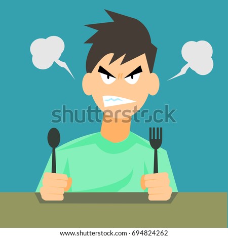 Angry hungry man with spoon and fork-vector cartoon Royalty-Free Stock Photo #694824262