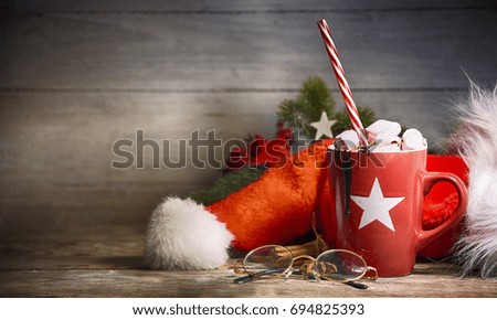 Rustic Christmas background with hot chocolate with marshmallows