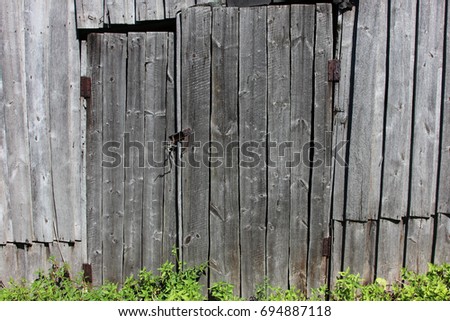  wooden planks wall and closed door. shed entrance in summer