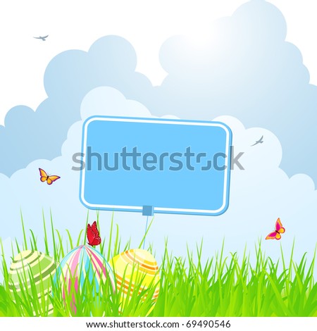 Decorated Easter eggs in a spring background with blue message label